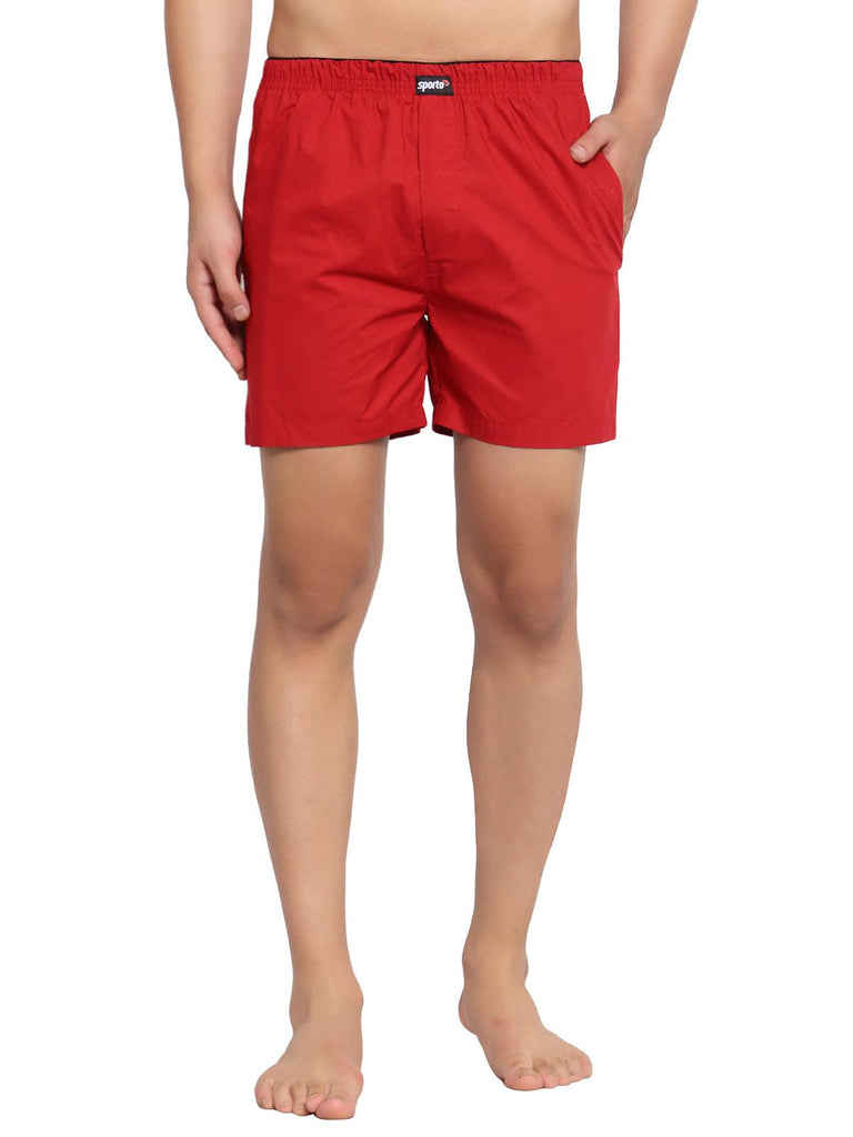 Sporto Men's Solid Boxer Shorts with Zipper - Red