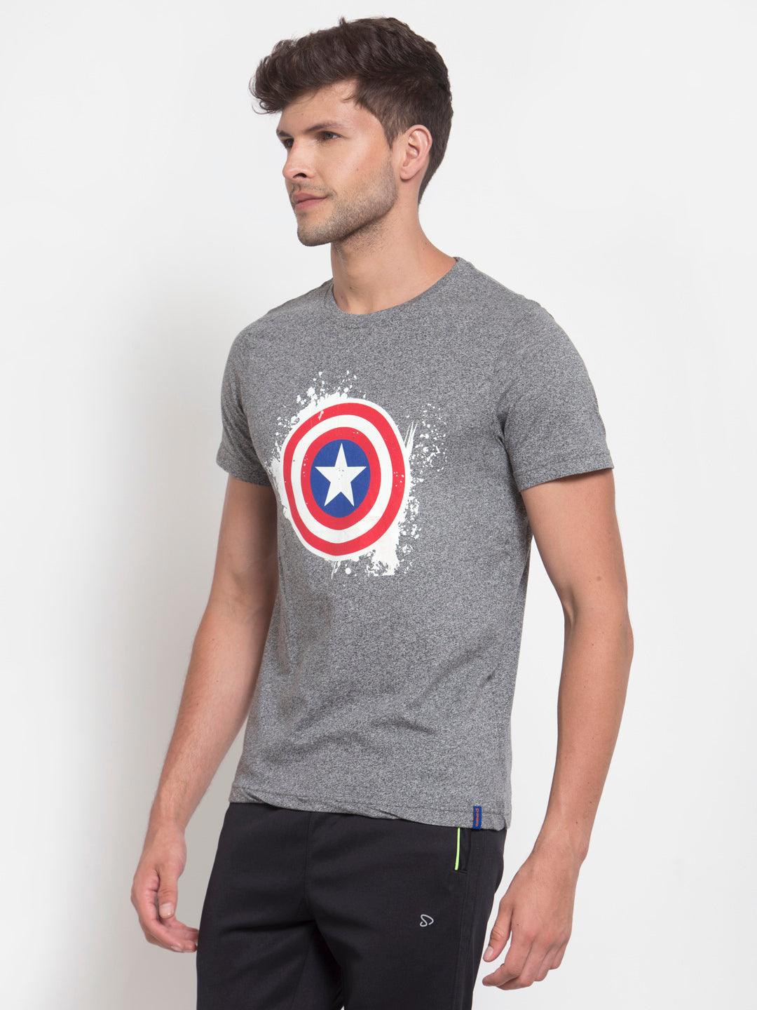 Sporto Men's Captain America Shield Printed Half Sleeve T-Shirt - Grey Jaspe
