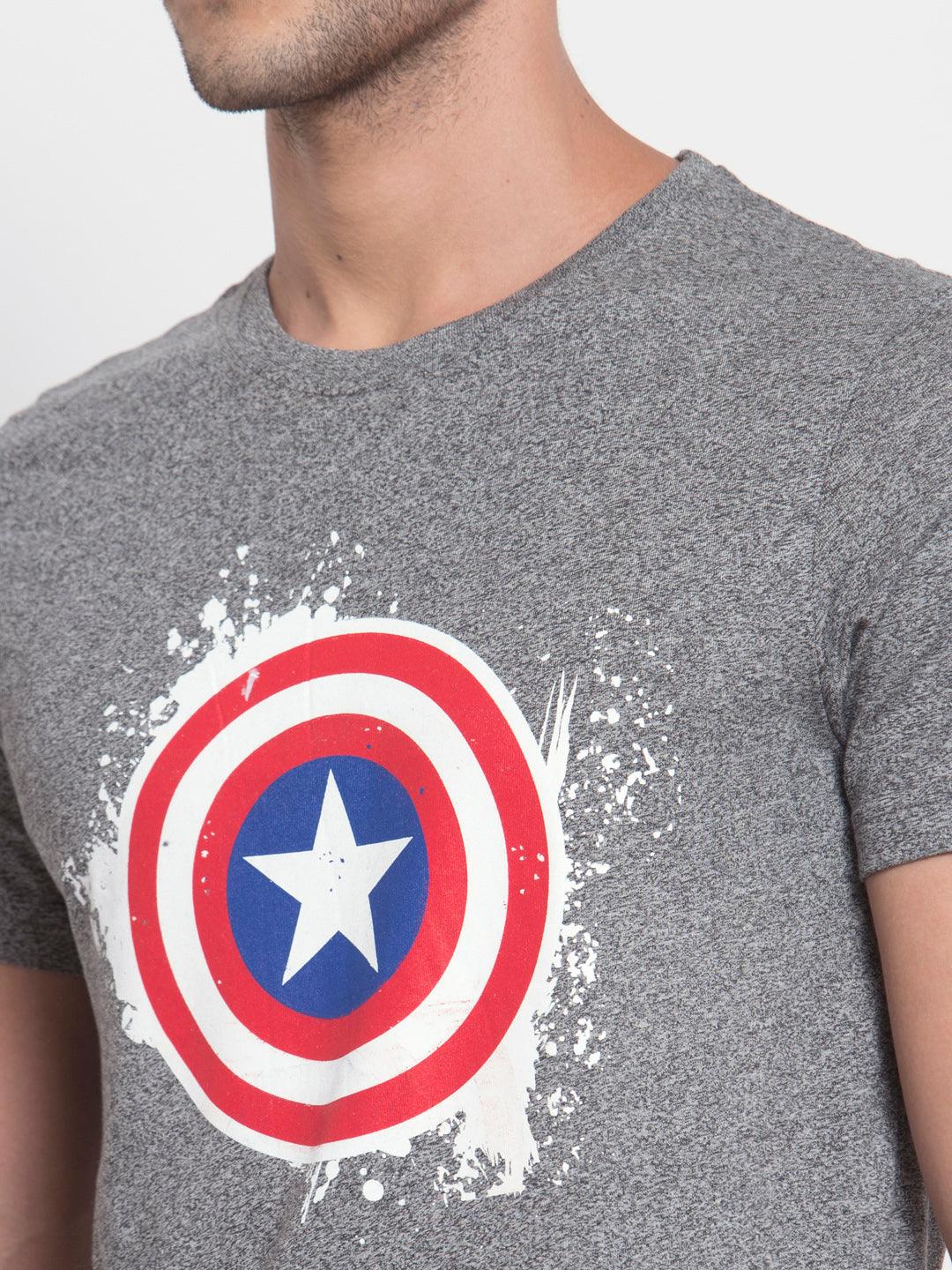 Sporto Men's Captain America Shield Printed Half Sleeve T-Shirt - Grey Jaspe
