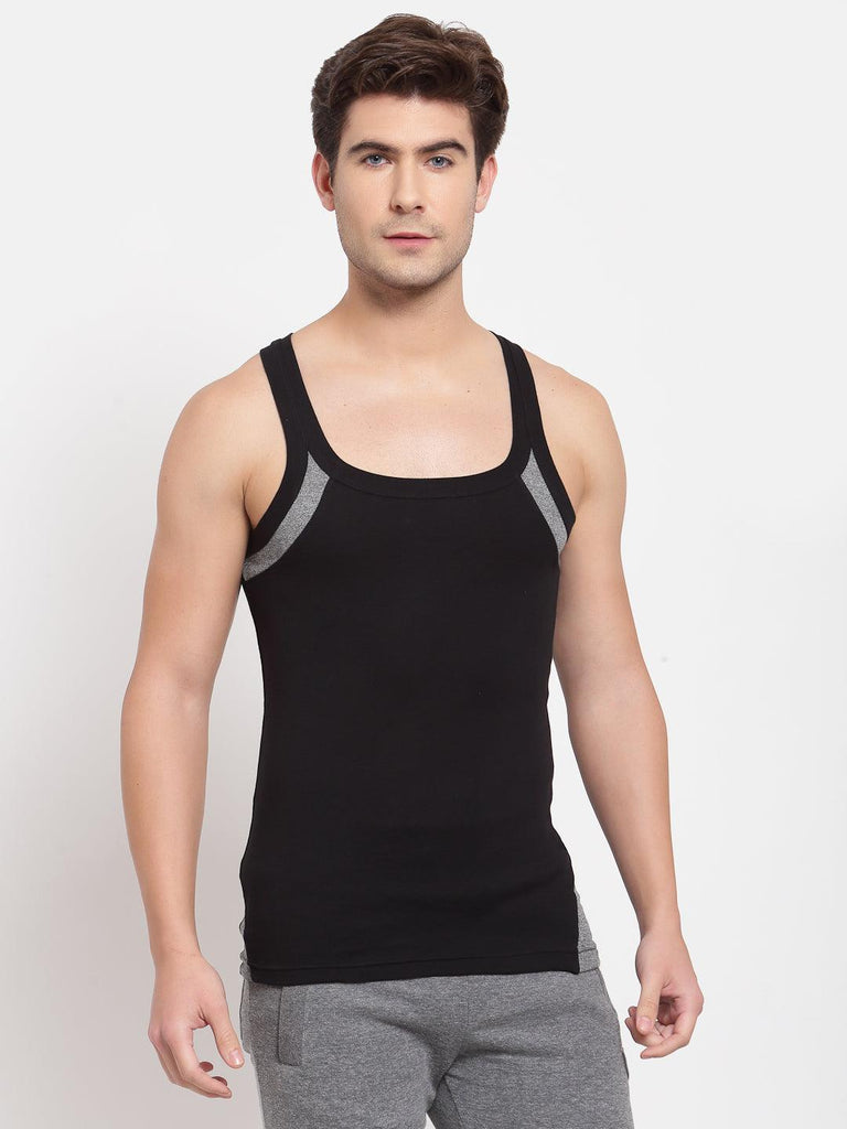 Men's Gym Vests with Contrast Armhole Panel - Pack of 2 (Black & Black Melange)