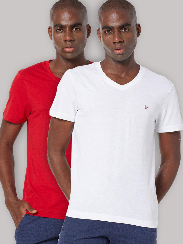 Sporto Men's V Neck T-Shirt - Pack of 2 [White & Red]