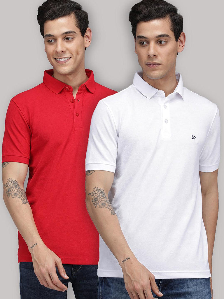 Sporto Men's Polo Cotton Solid T-shirt Pack of 2 - Red & White