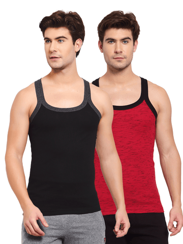 Men's Solid Gym Vest- Pack of 2 (Black & Red) - Sporto by Macho