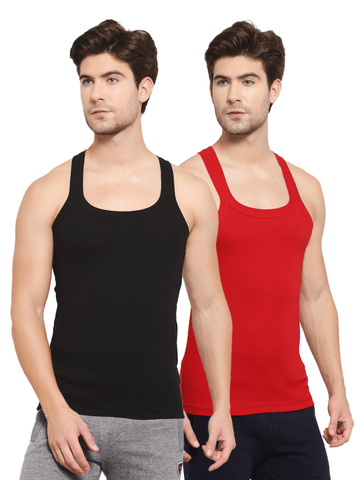 Men's Solid Gym Vests - Pack of 2 (Black & Red)