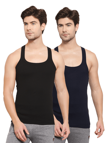 Men's Black and Navy Solid Gym Vests Set of 2