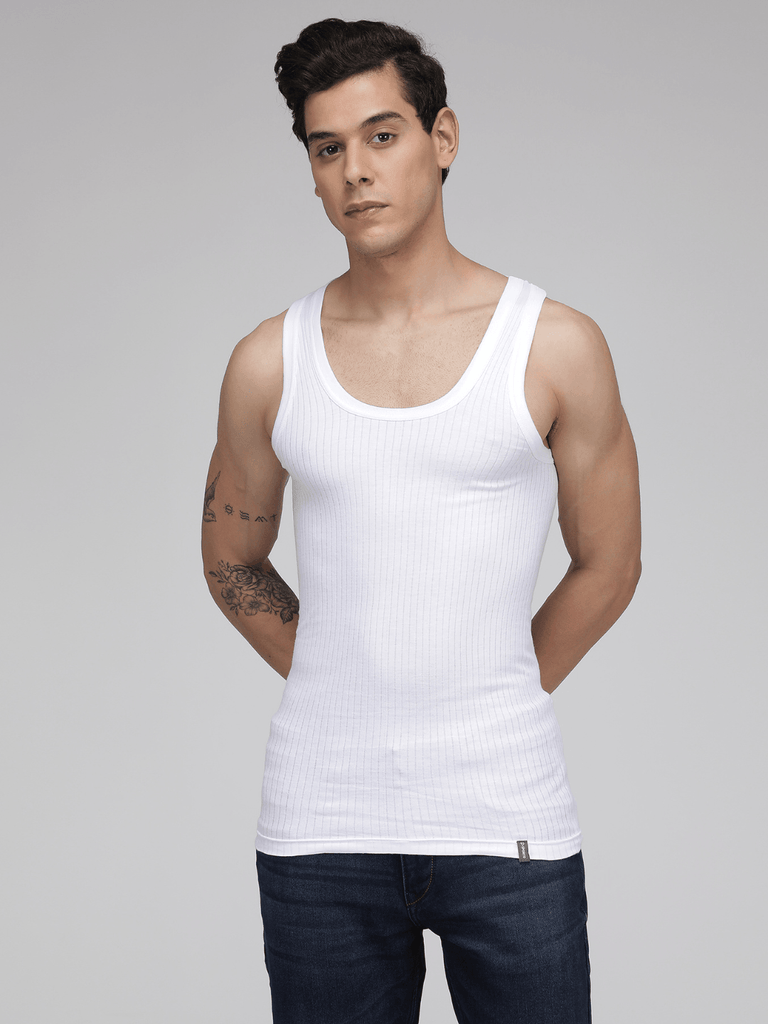 Sporto Men's 100% Cotton White Vest - Interlock Fabric (Parka - Pack Of 3)